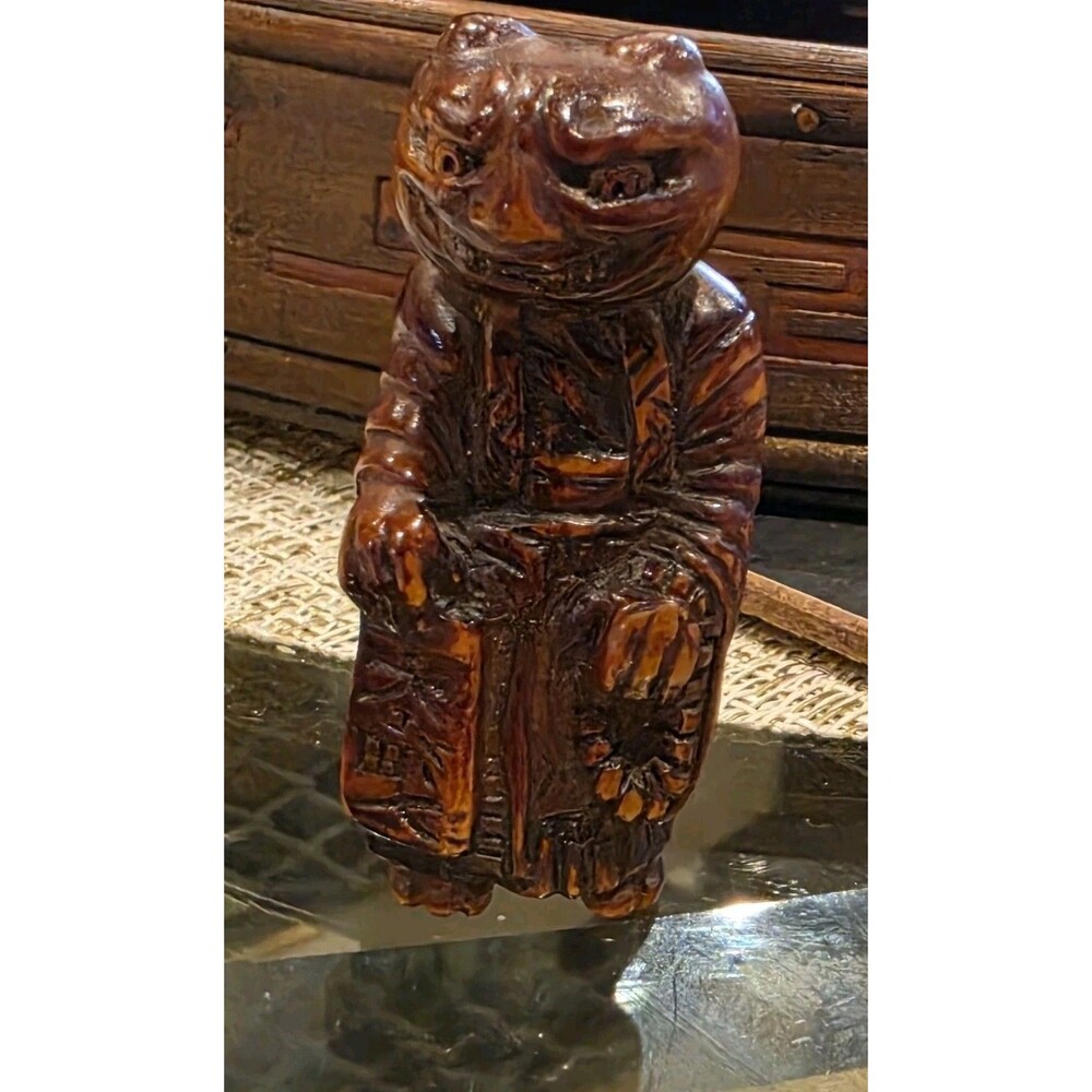 Carved Resin Humanoid Frog Spirit Figurine 3" Chinese Style with Characters
